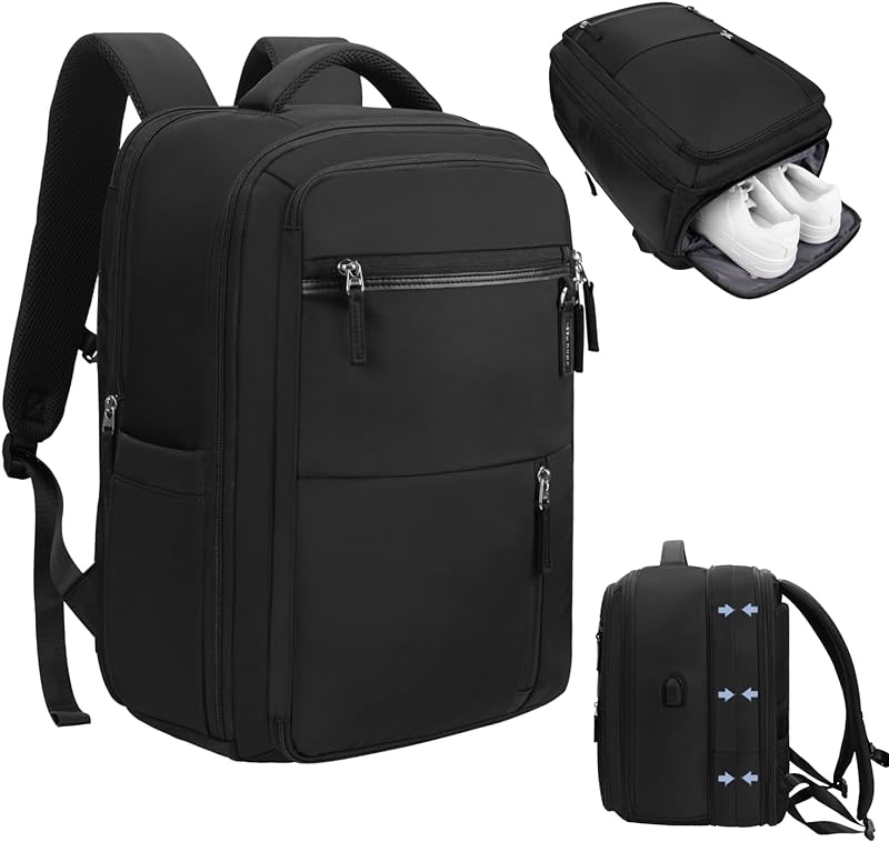 Mochila para homem, Mochila Feminina Notebook 36L para Mulher, Bolsa de Viagem para Notebook de 15,6 polegadas com porta USB, Mochila de Bagagem, Mochila de viagem à Prova de água, Preto