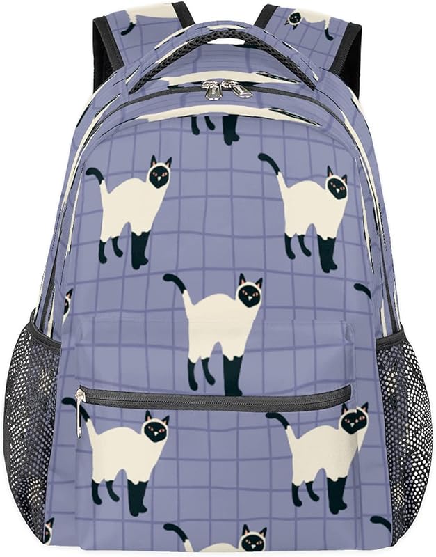 Mochila feminina com estampa de gato siamês Daypack, mochila escolar para negócios, mochila escolar para estudantes com alça de ombro ajustável, mochila casual para viagem e acampamento, para mulheres e homens, Multicor, Large, Mochilas Daypack