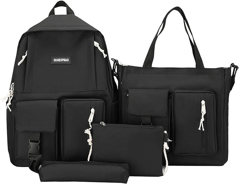 Henniu 4 pçs Mochila de Lona Conjunto Conjunto de Mochilas Escolares com Bolsa Transversal Caixa de Lápis Mochila Escolar Casual para Meninas Adolescentes Mochila Feminina para Estudantes Universitá