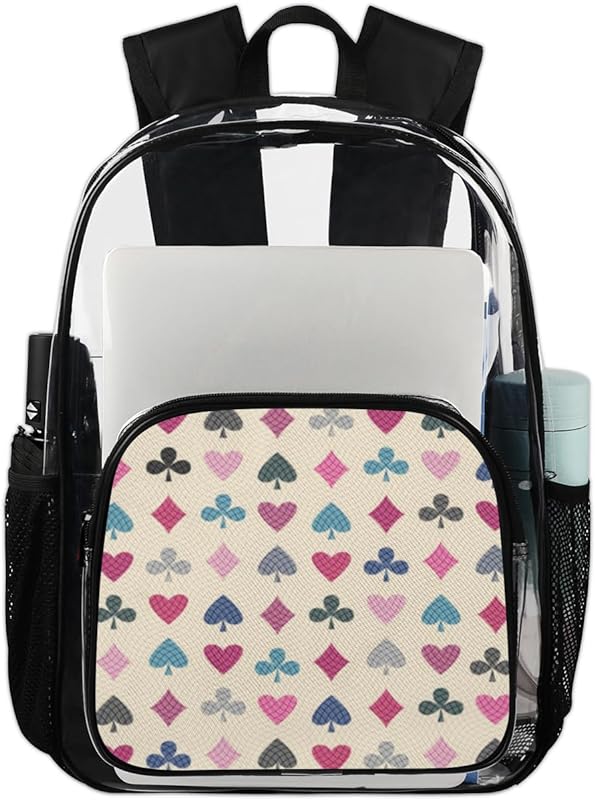 Mochila transparente Poker Love bolsa transparente mochila de PVC resistente bolsas transparentes duráveis para escola, trabalho, segurança, bolsas transparentes de coração de diamante para mulheres/meninas/homens/meninos, Multi