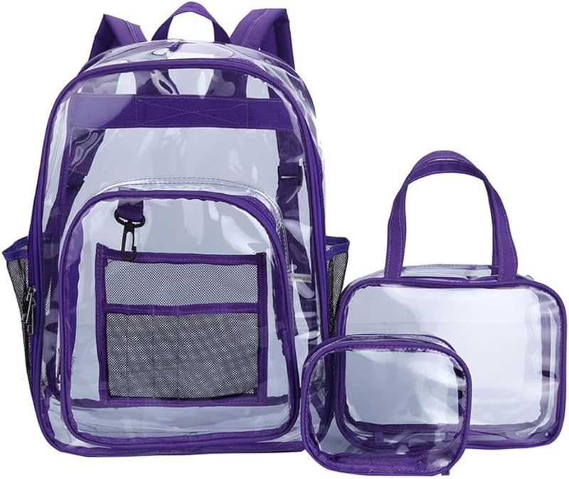 Domary Conjunto de mochila grande transparente de 3 peças Mochila transparente de PVC resistente à prova d’água Mochilas casuais com lancheira Bolsa de higiene Bolsa para lápis