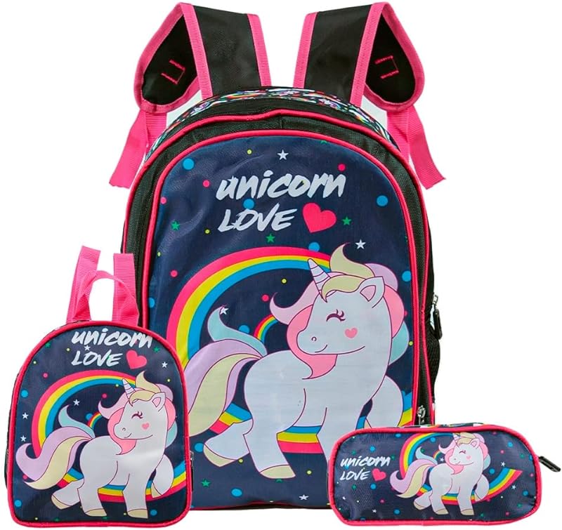 Kit Mochila Infantil Feminina de Costas Unicórnio Love + Lancheira Térmica + Estojo