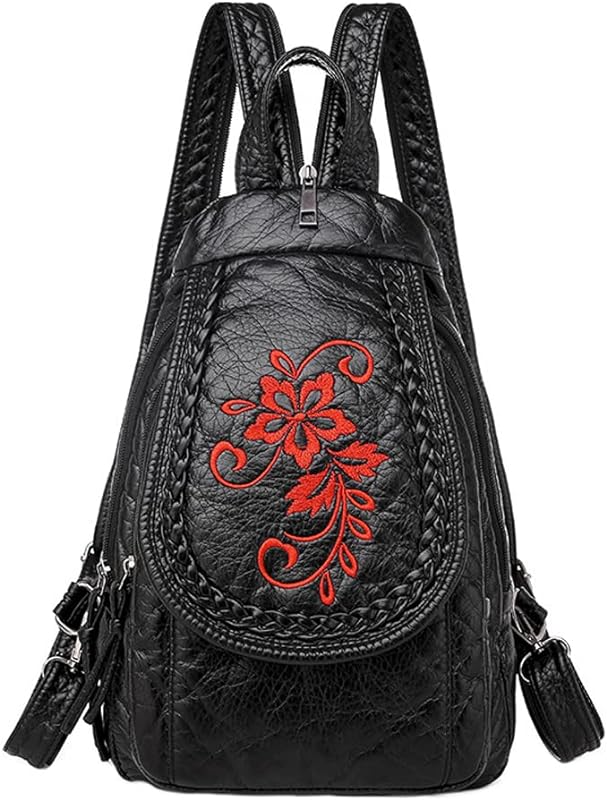 Mochilas femininas bordadas vintage de couro sintético macio bolsa pequena bolsa feminina de viagem preta pacotes no peito