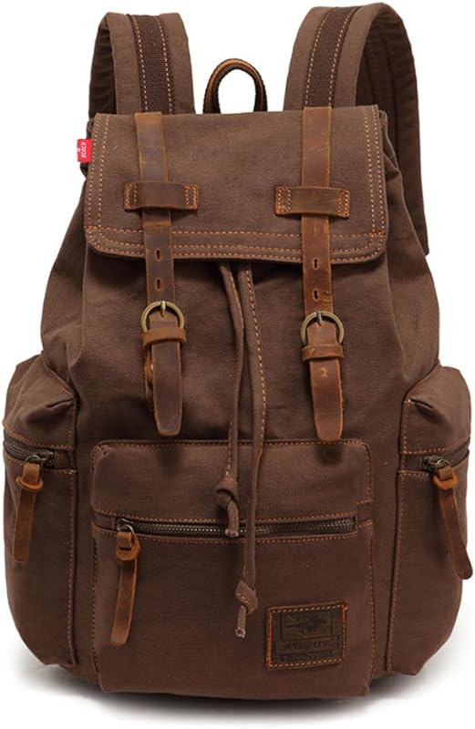 Augur Mochila vintage grande de lona de couro, para notebook, livros, caminhada