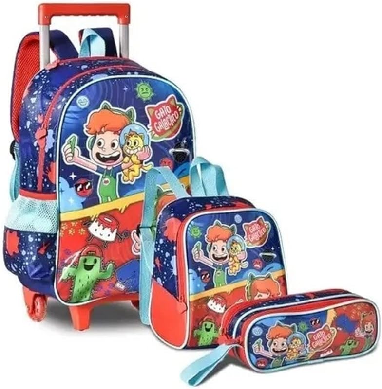 Kit Mochila Roda, Lancheira e Estojo Gato Galactico – Clio