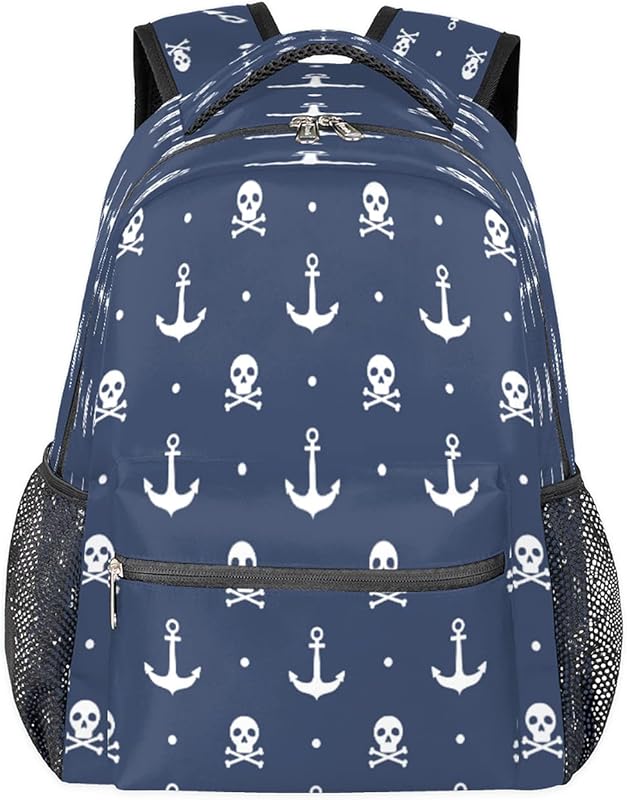 Mochilas femininas de caveira pirata com âncora Daypack, mochilas para laptop para negócios, mochila escolar para estudantes com alça de ombro ajustável, mochila casual para viagem e acampamento, para mulheres e homens, Multicor, Large, Mochilas Daypack