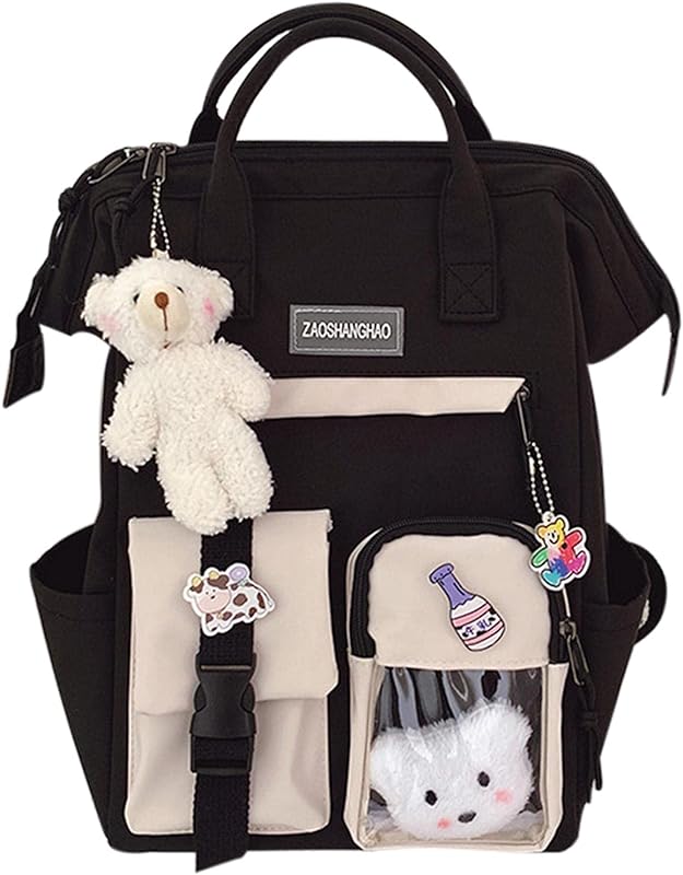 Linda mochila para meninas adolescentes, mochila escolar com pingente de pelúcia, bolsa de estudante universitário de grande capacidade
