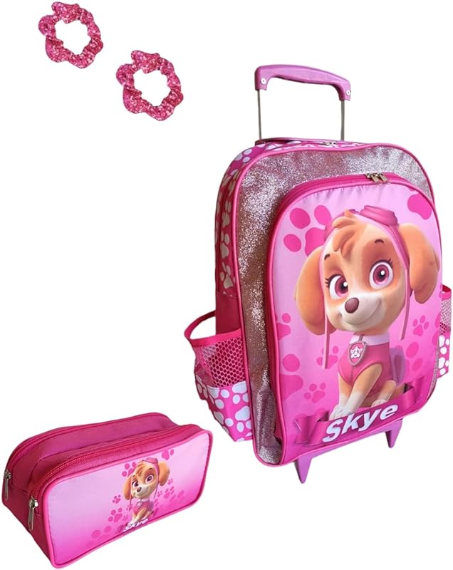 MOCHILA DE RODINHAS INFANTIL ESCOLAR MENINAS SKYE PATRULHA CANINA COM ESTOJO PENAL BOLSINHA DE LAPIS ROSA BRILHO