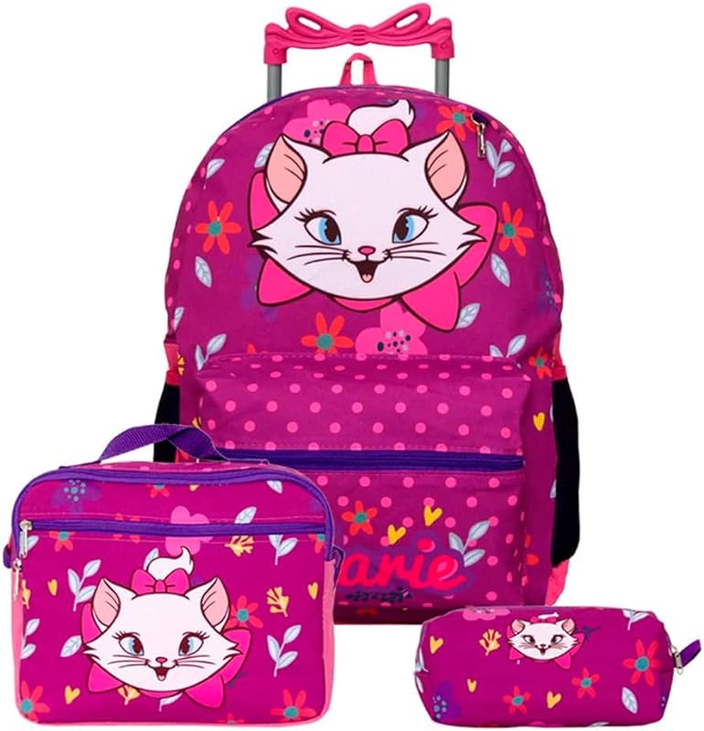 Kit Mochila com Rodinhas Meninas Gata Marie + Lancheira + Estojo