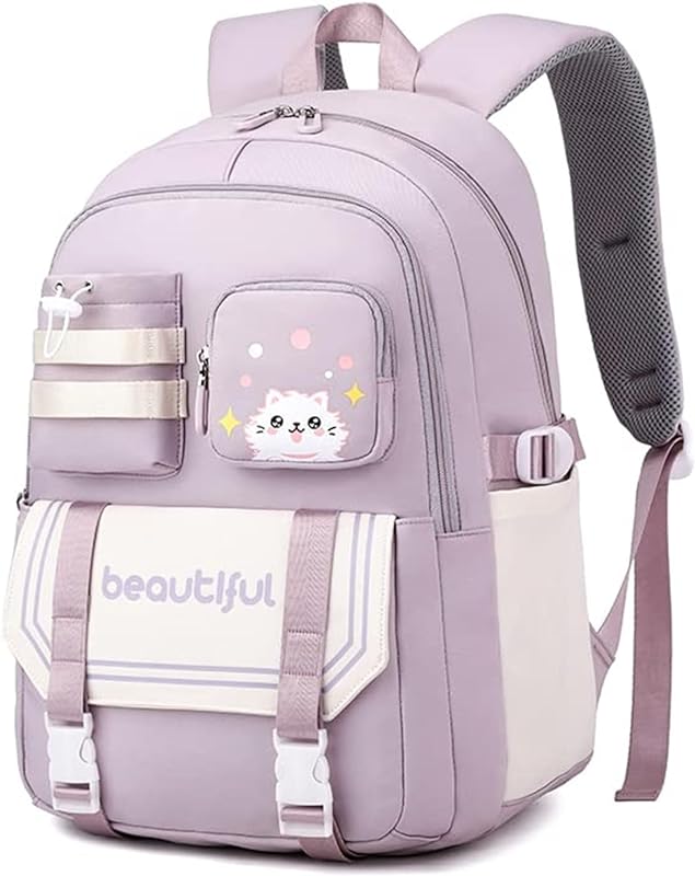 Mochila Feminina Escolar Juvenil de Grande Capacidade Resistente à Água com Estampa de Gato Fofa Pode Conter Notebook de 15,6 Polegadas Ideal para Estudantes