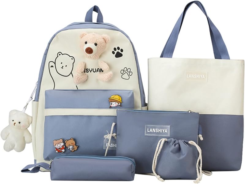 Conjunto de mochila Kawaii com pinos pingente de urso material escolar de anime estético bonito 43 cm mochila diurna (azul)