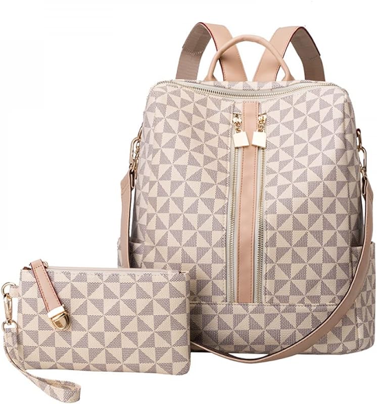 LuckyWin Mochila feminina grande capacidade bolsa escolar couro PU bolsa de ombro casual conjunto de duas peças Mochila de lazer retro anti-roubo de grande capacidade