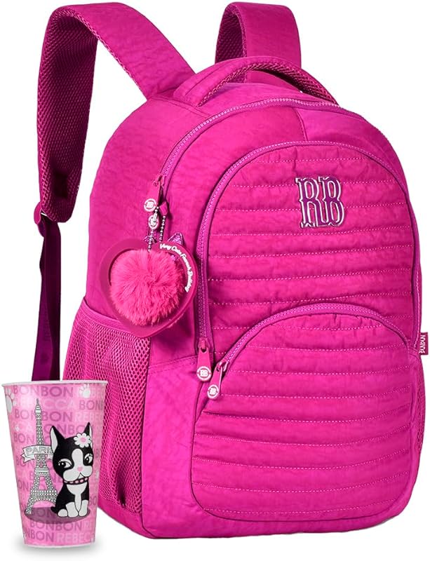 Mochila Universitária Feminina Rebecca Bonbon Crinkle Com Copo e Pompom RB
