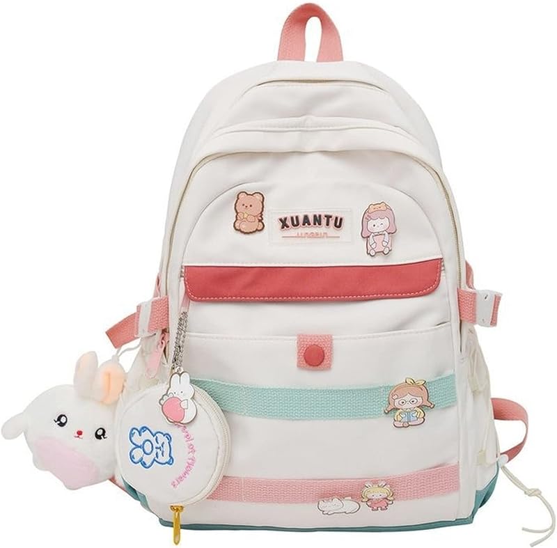 Mochila kawaii Anime estético fofo com pingente de coelho coelhinho bolsa de moedas, materiais escolares de animais bolsa de livro japonesa