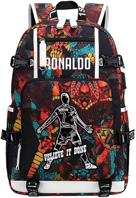 mochila multifuncional para laptop do jogador de futebol Cristiano Ronaldo CR7 viagem fãs de futebol bolsa de estudante para homens mulheres (padrão vermelho 3)