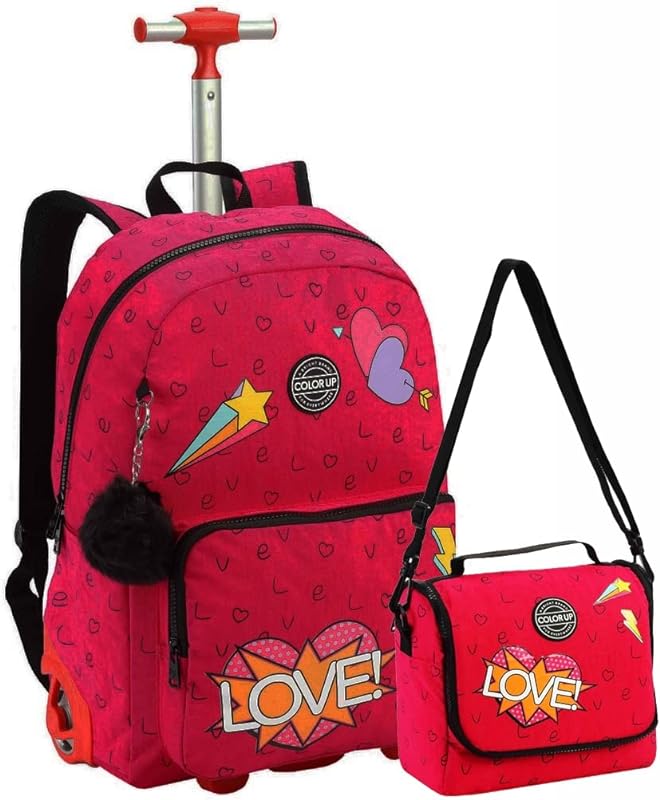 Kit Mochila Escolar Rodinhas Rosa Love Lancheira Térmica Feminina Menina Chaveiro Pompom Impermeável