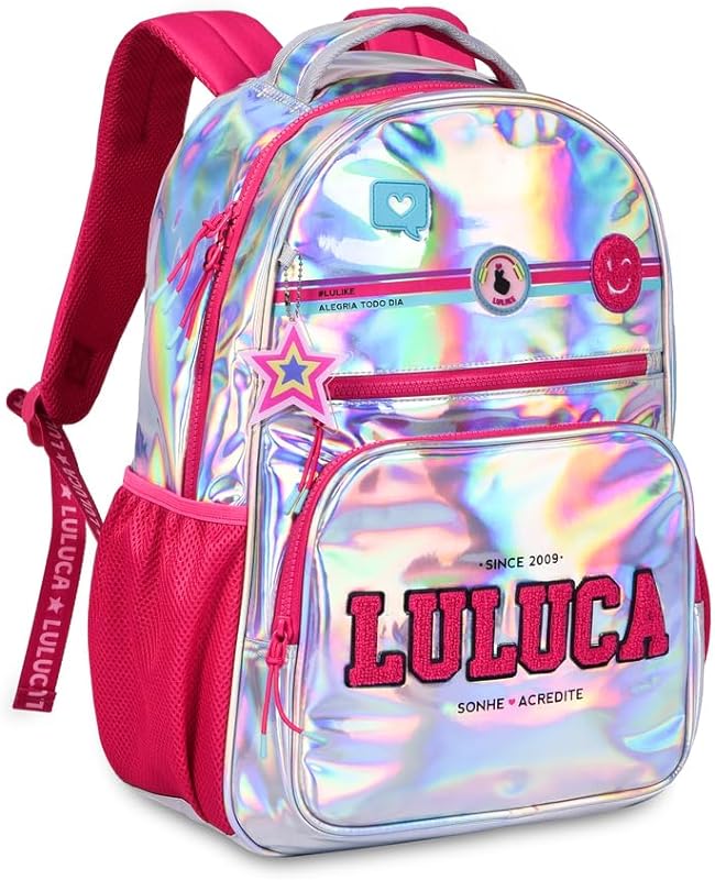 MOCHILA LULUCA ESCOLAR BOLSA DE COSTAS PANDINHAS HOLOGRÁFICA