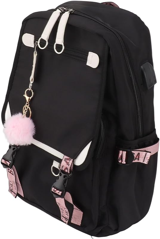 Mochila, Mochila de Viagem Confortável Com Zíper Suave Preto Com Bola Felpuda Rosa para Escola para Camping