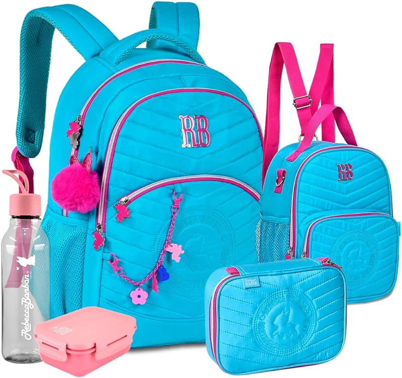 Kit Escolar Feminino Mochila Soft Estojo 32 Elásticos Lancheira Térmica Rebecca Bonbon Com Squeeze E Marmitinha RB