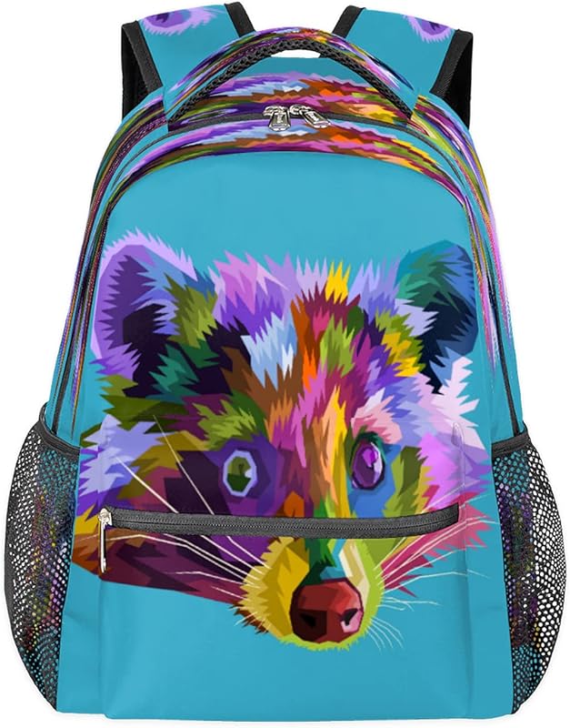 Mochila feminina com estampa colorida de guaxinim para laptop, mochilas para negócios, mochila escolar para estudantes com alça de ombro ajustável, mochila casual para viagem e acampamento, para mulheres e homens, Multicor, Large, Mochilas Daypack