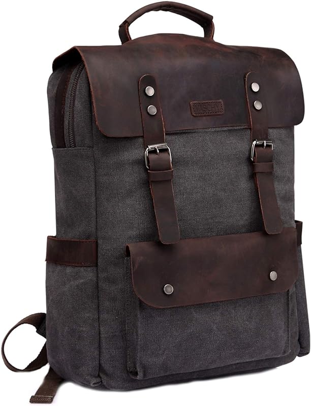 Mochila de Couro para Laptop, VASCHY Mochila de Lona Casual Mochila Escolar para Laptop de 15,6 Polegadas