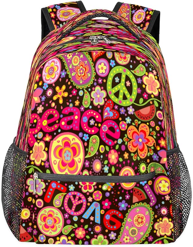 Mochilas Daypack para computador laptop, mochilas escolares com alça de ombro ajustável, viagem caminhadas, acampamento, mochila casual para adulto/mulheres/homens/meninos/meninas, sinal de paz, flor de pêssego, Multicor, Large, Mochilas Daypack