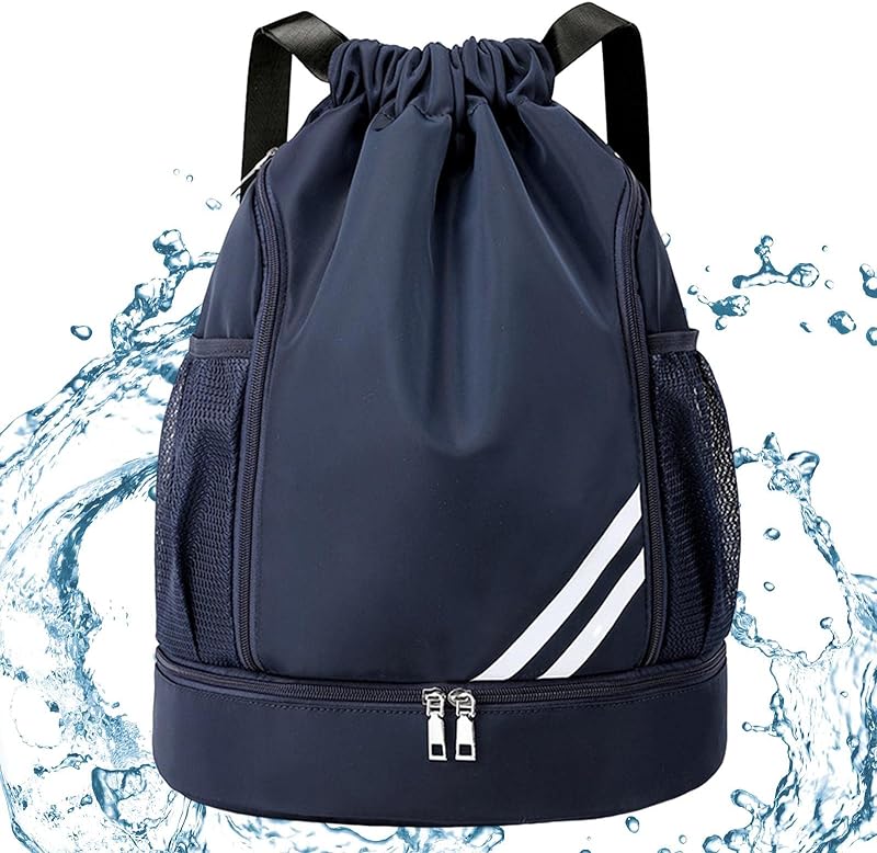 Mochila Saco Corda, desporto à prova água, Saco traseiro cordão para mulheres, homens e crianças com compartimento para sapatos e bolsos malha para garrafa água Pologmase