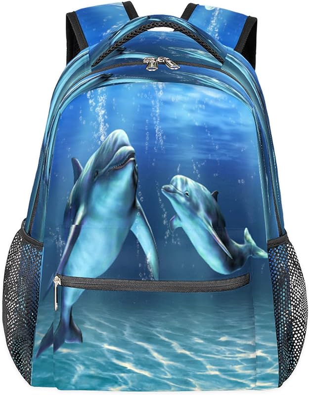 Mochilas Daypack, mochilas para computador e laptop, mochilas escolares com alça de ombro ajustável, viagem, caminhadas, acampamento, mochila casual para adulto/mulheres/homens/meninos/meninas 3D Golfinho Oceano, Multicor, Large, Mochilas Daypack