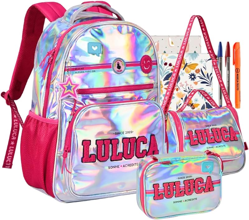 Kit Mochila Escolar Luluca Holográfica Costas Com Estojo E Lancheira Infantil