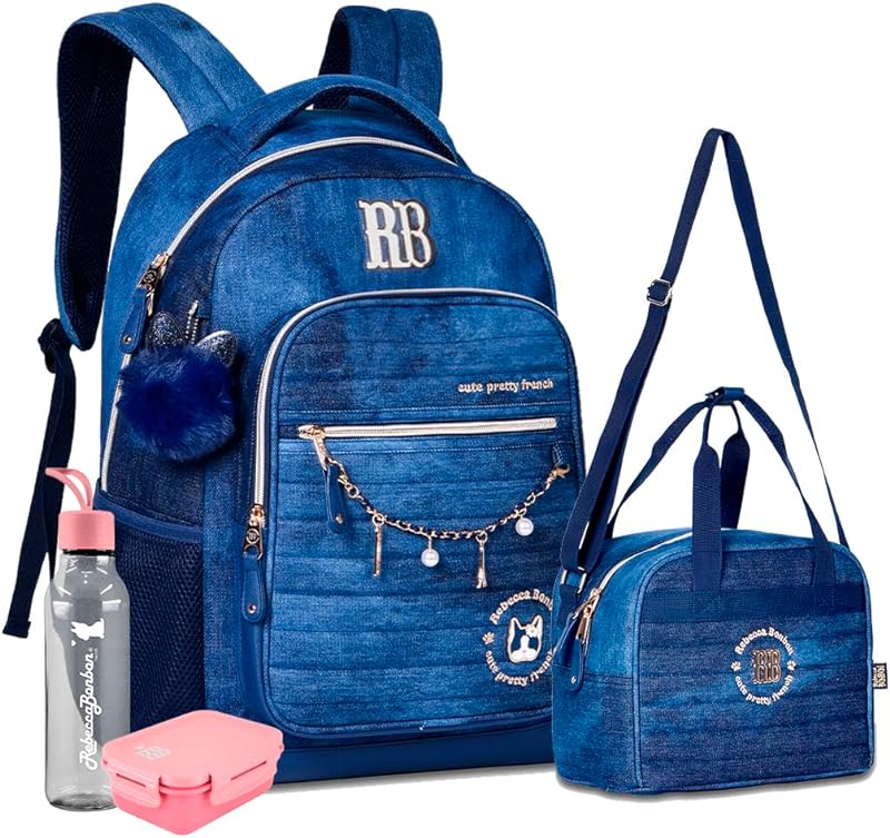 Mochila Feminina Jeans Escuro Rebecca Bonbon Bolso Antifurto E Espaço Para Notebook Squeeze E Marmitinha