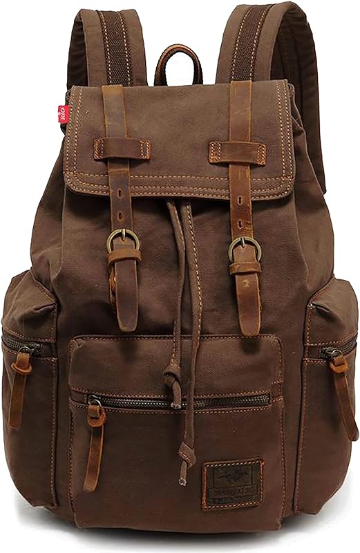 HuaChen Mochila de lona vintage, masculina de couro para viagem para laptop e caminhadas