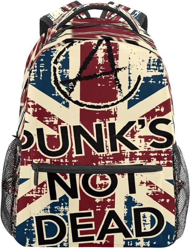 Mochila escolar para meninos e meninas Punk Is Not Dead Retrô Bandeira do Reino Unido Inglaterra Bolsa de ombro para estudantes, meninos e meninas, leve, durável, bolsa de viagem para trilhas, acampamento, mochila de dia