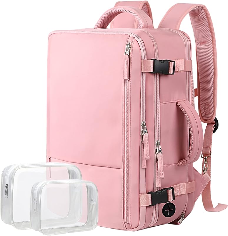 Mochila de viagem para mulheres, mochila para laptop de 17 polegadas como pessoa item aprovado em voo, mochila impermeável, mochila grande, mochila de caminhada, mochila escolar, rosa,