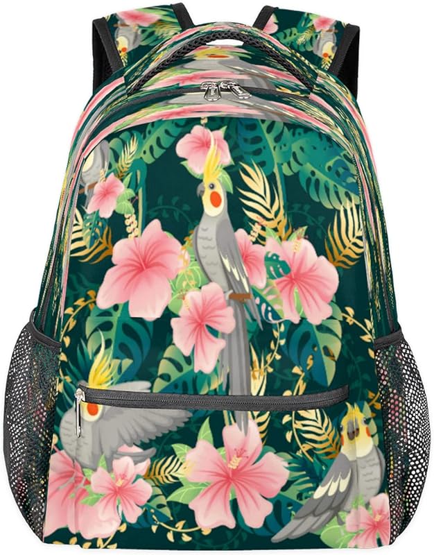 Mochilas para adolescentes, meninas, meninos, flores, papagaio, mochila de viagem para mulheres e homens, bolsas de livro de folhas de palmeira, mochilas universitárias, mochilas para laptop de trabalho, mochila resistente à água para caminhadas, Multicor, Medium