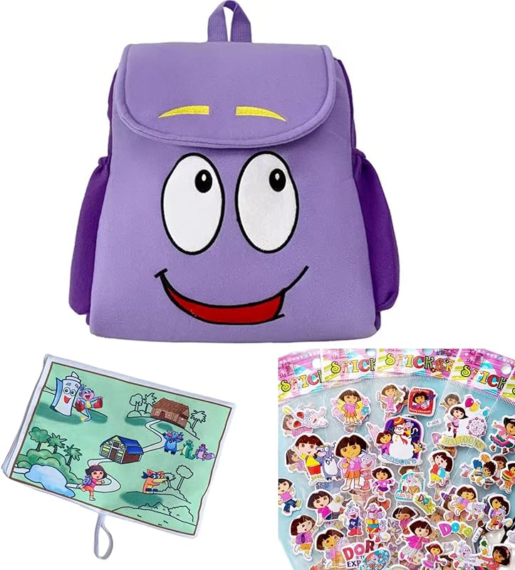 MIJIE Mochila Dora, 25,9 cm, mochila roxa Dora Explorer (incluindo 1 mochila escolar Dora, 1 bolsa para caneta Dora Map e 36 adesivos Dora), Purple, big, Adorável
