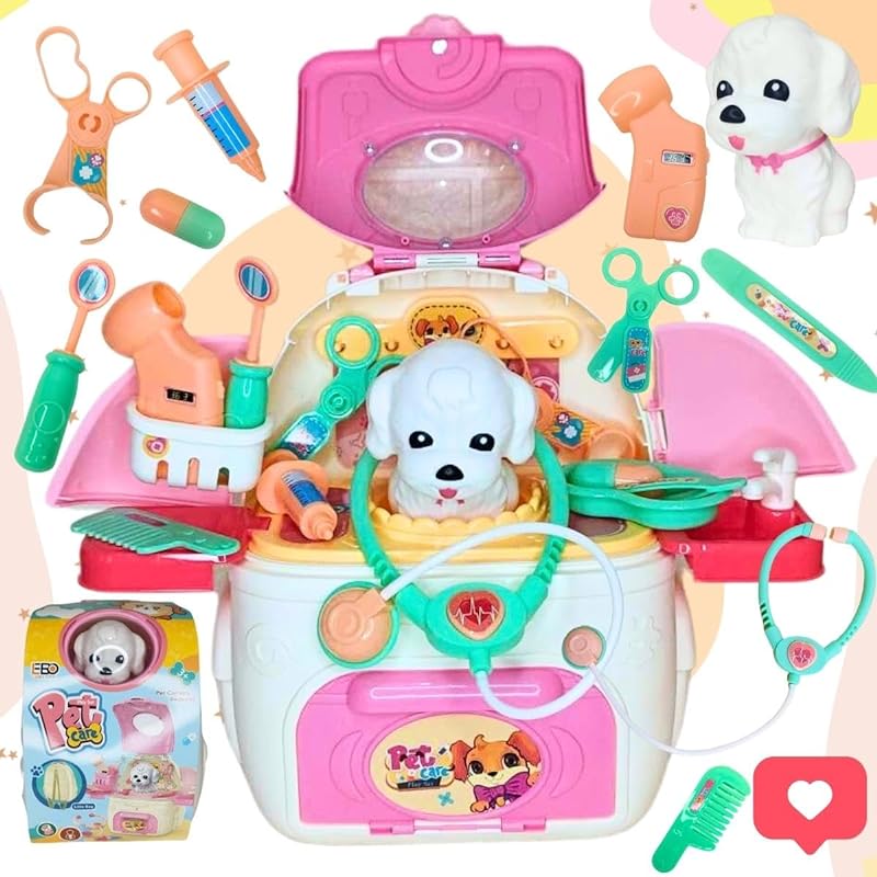 Brinquedo Mochila maleta Pet Shop Gato Com Acessórios kit médico veterinário Infantil cuida cachorro