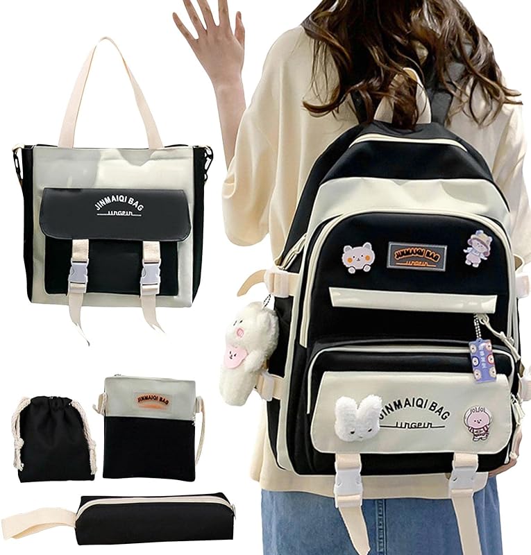 Conjunto combo de mochilas fofas kawaii, material de volta às Oxford + kit de mochila de lona para mochila escolar para meninas adolescentes