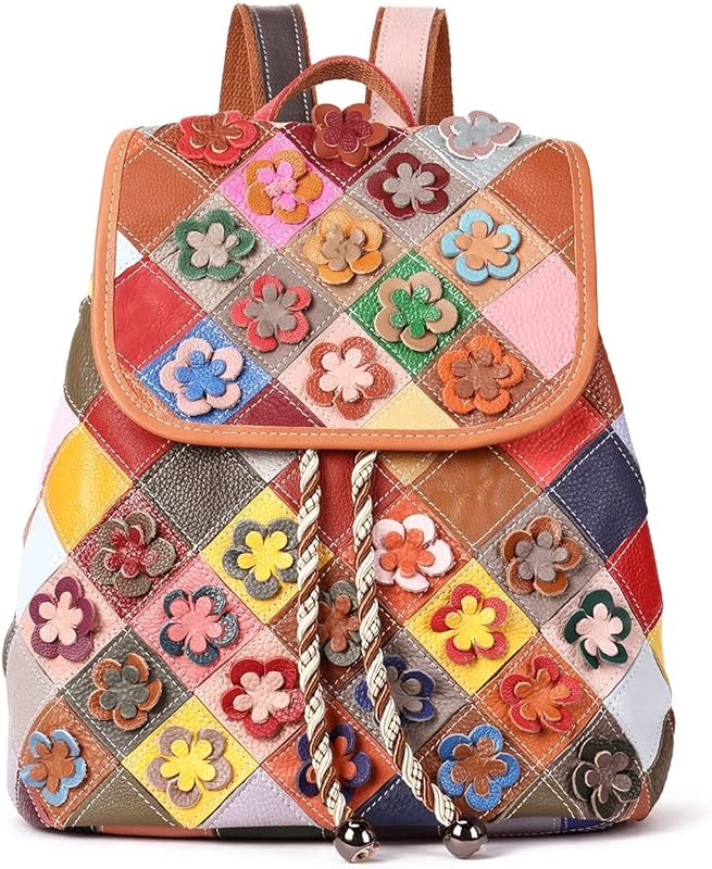 Mochila feminina de couro legítimo, bolsa colorida, bolsa florida