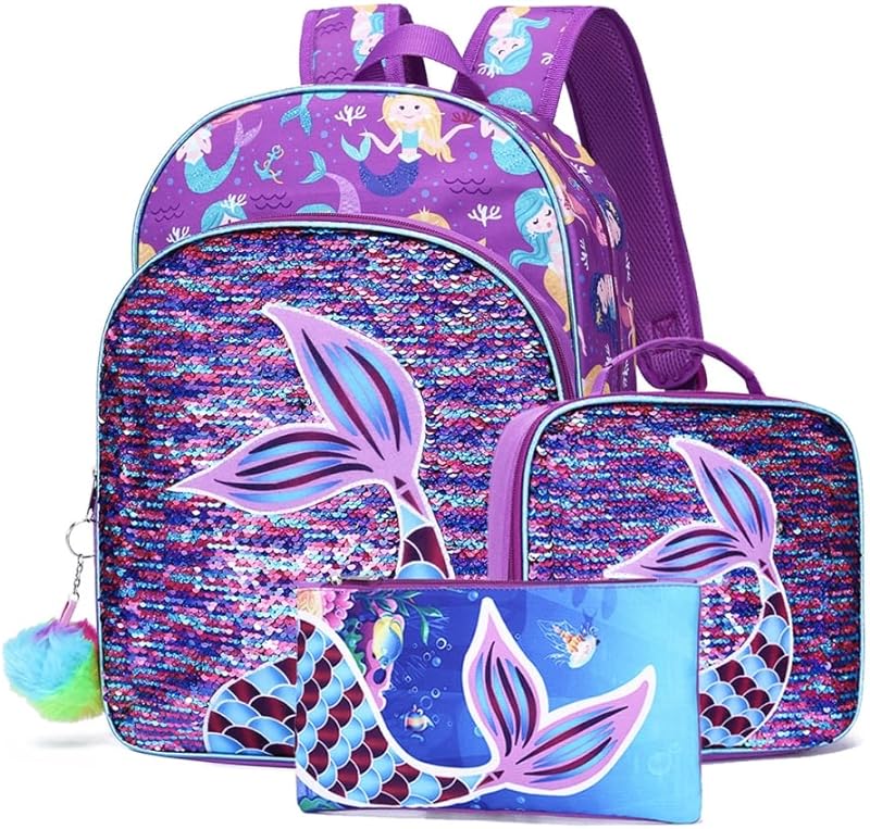 Conjunto de Mochilas Infantis 3 Em 1 para Meninas Sereia Lantejoulas Mochila Com Lancheira Estojo para Escola Viagens Ao Ar Livre Acampamento Piquenique Pré-escola Bolsas
