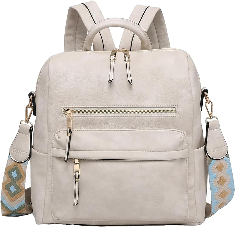 BP1993-OW Amelia Mochila de couro vegano com alça de guitarra removível com estampa asteca removível, branco, Pérola branca, 14 x 13