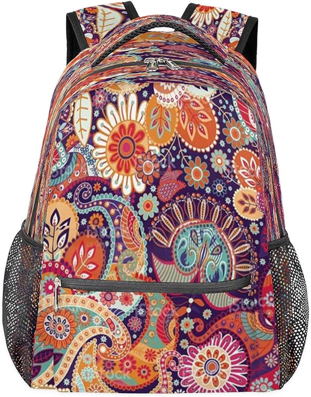 Mochila étnica Paisley Floral para Mulheres Mochilas para Laptop para Negócios, Mochila Escolar para Estudantes com Alça de Ombro Ajustável, Viagem Acampamento Casual Mochila para Mulheres e Homens, Multicor, Large, Mochilas Daypack