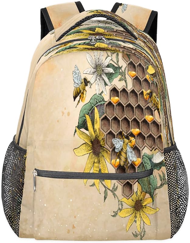 Mochila para mulheres e homens, retrô, flor, abelha, viagem, laptop, mochila à prova d’água, mochila diária com vários bolsos, mochila casual para escola, acampamento, caminhada, trabalho, Multicor, Medium, Mochilas Daypack