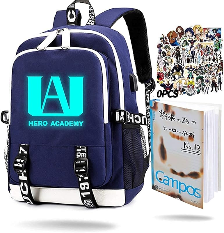 Mochila escolar My Hero Academia Anime para estudantes e meninas, meninos, casual, para laptop, com porta de carregamento USB