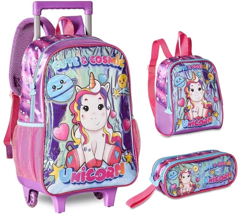 KIT ESCOLAR UNICORNIO COMPLETO MOCHILA RODINHAS LANCHEIRA E ESTOJO