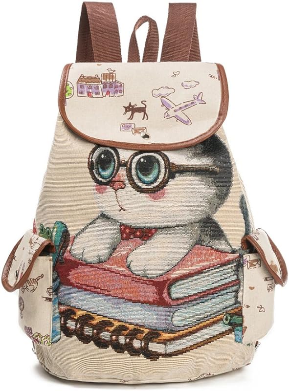 Mochila feminina de lona com estampa de desenho animado gato bolsa escolar bolsos casual bolsa vintage mochila de viagem