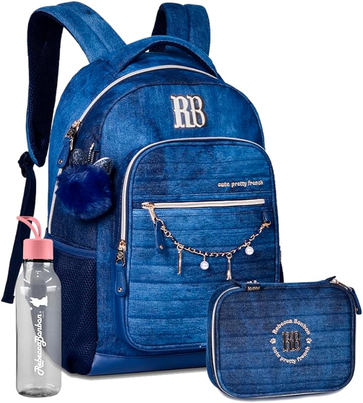 Kit Rebecca Bonbon Jeans Menina Mochila Infantil Estojo Escolar Com Squeeze RB 700 Mls