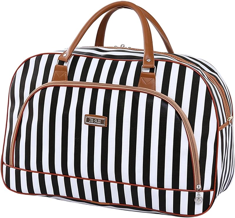 Bolsa feminina DYNWAVE grande de couro PU, para viagens curtas, fim de semana, com listras pretas e brancas, Preto