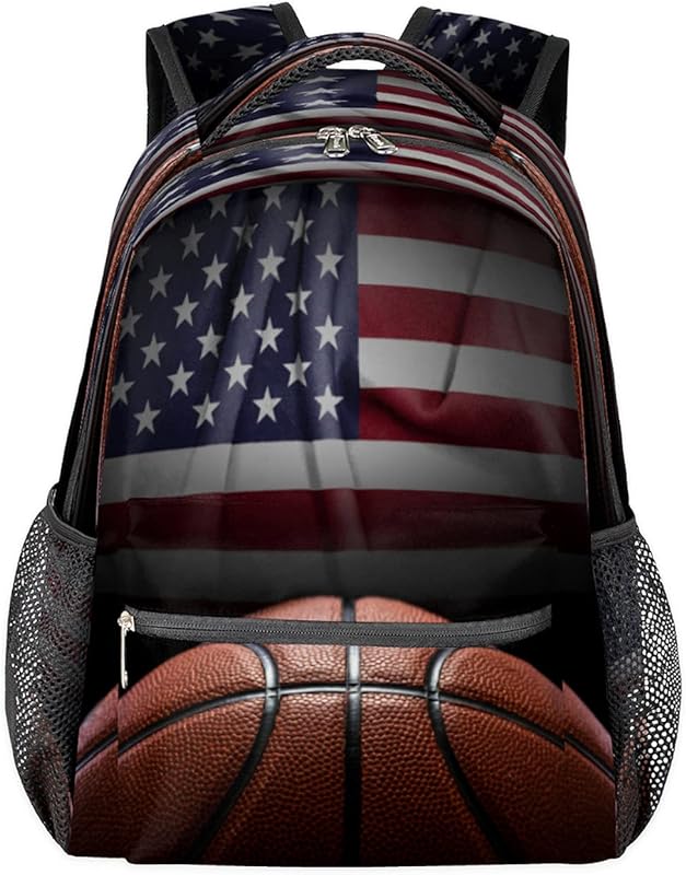 Mochilas femininas de basquete com bandeira americana para negócios, mochila escolar para estudantes com alça de ombro ajustável, mochila casual para viagens e acampamento para mulheres e homens, Multicor, Large, Mochilas Daypack