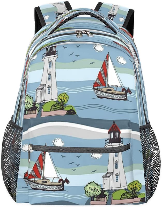 Mochilas de farol náutico para mulheres e homens, mochila escolar de barco à vela para meninos e meninas adolescentes, mochilas para laptop para faculdade, mochila de viagem à prova d’água mochila para livros para caminhadas, Multicor, Medium
