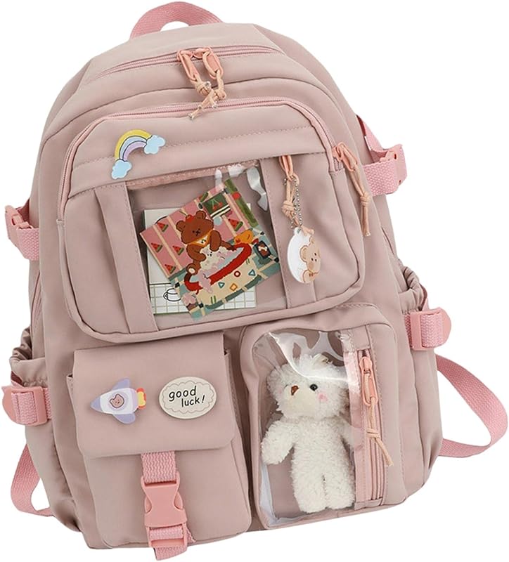 Milageto Mochilas Femininas Bonitas à Prova de Roubo Livro Multi-bolso com Pin Bear Bolsas Escolares Mochila Mochila para Meninas Adolescentes Livro Estudante – Cor de rosa